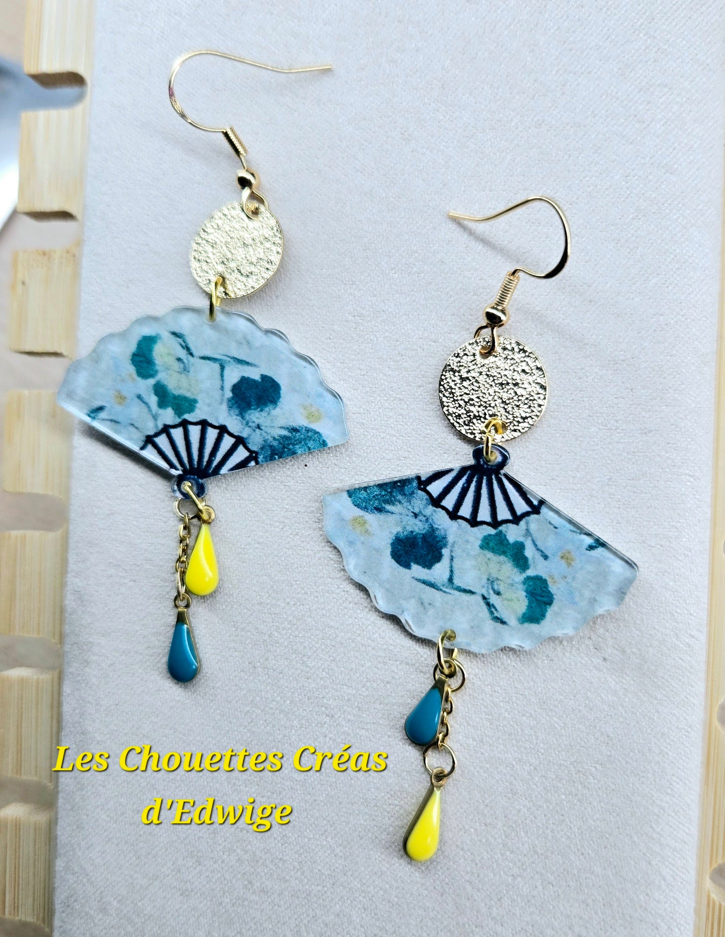 Boucles d'oreilles éventails bleu-jaune