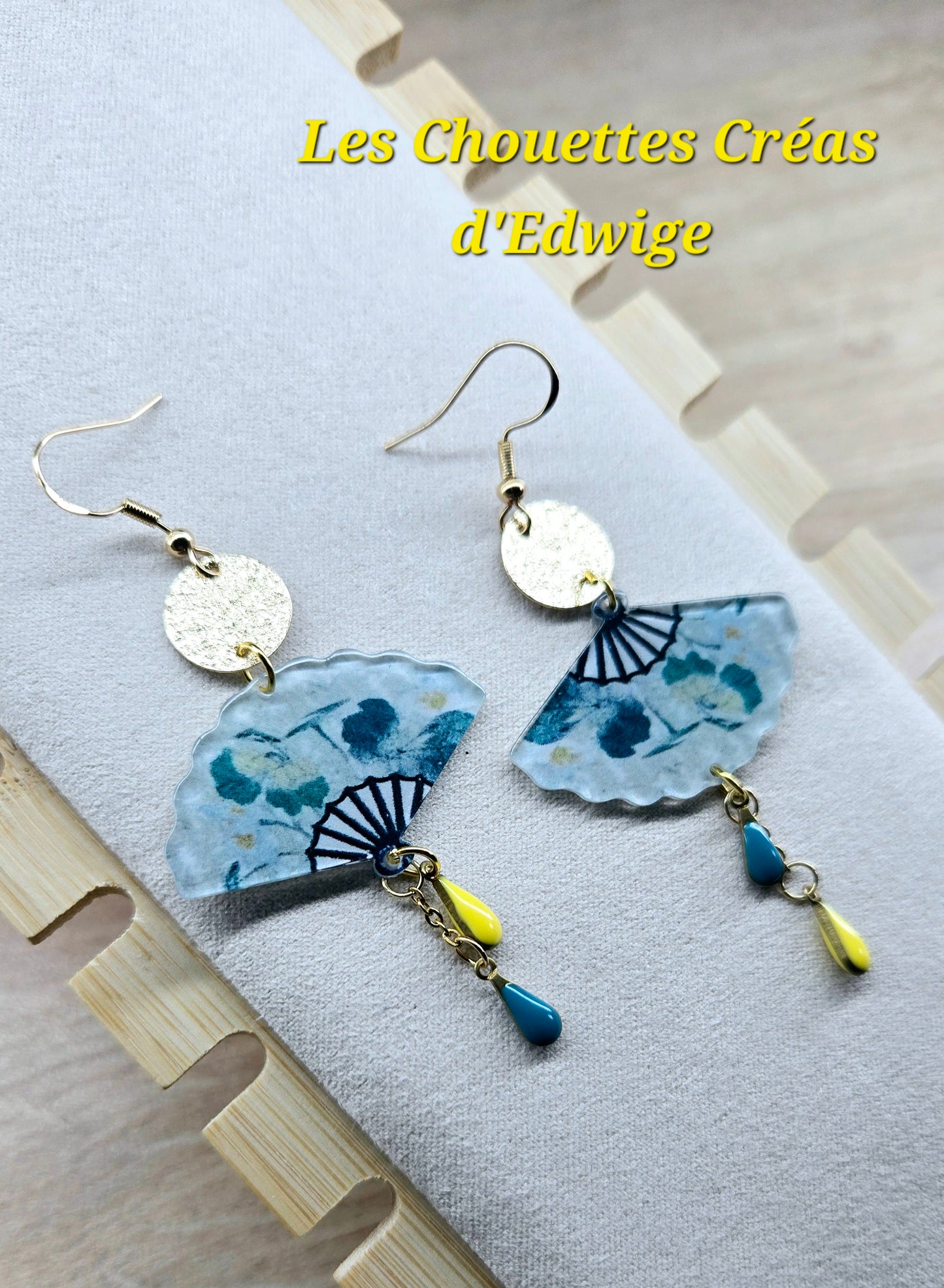 Boucles d'oreilles éventails bleu-jaune