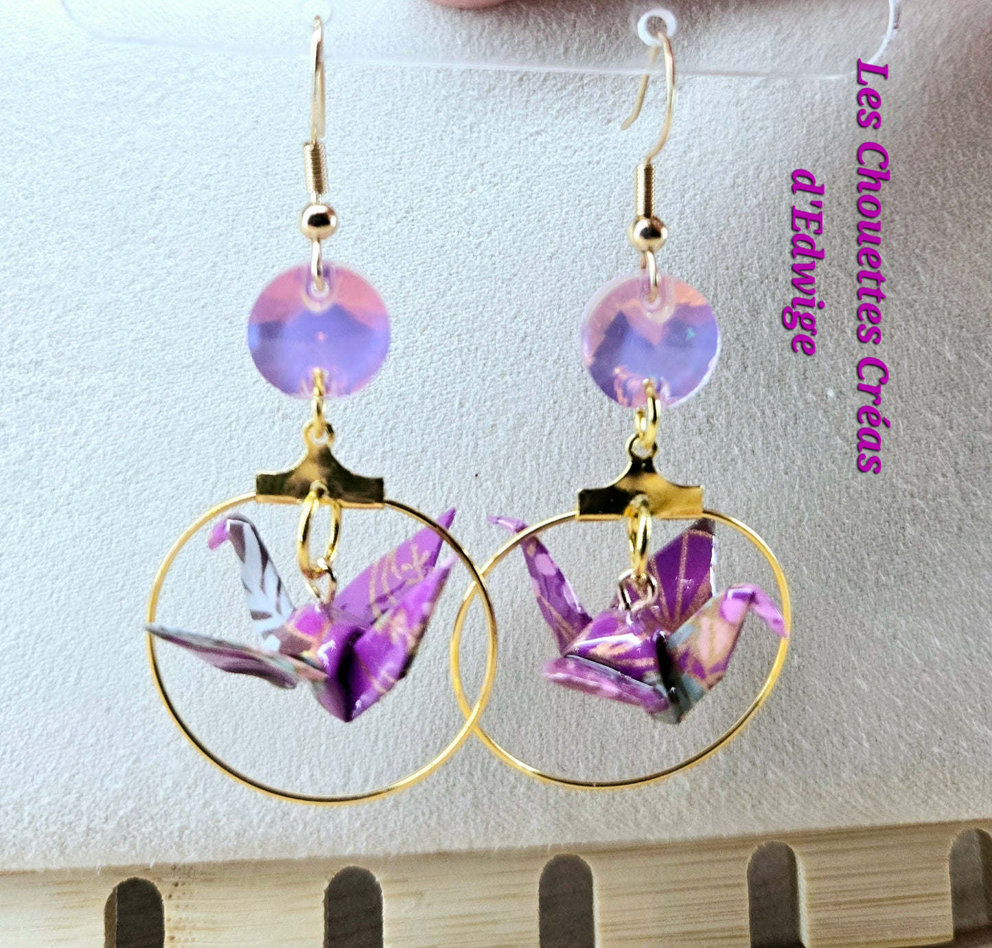 Boucles d'oreilles grues en origami violettes