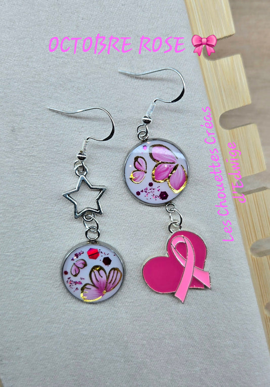 Boucles d'oreilles Octobre Rose avec coeur et ruban