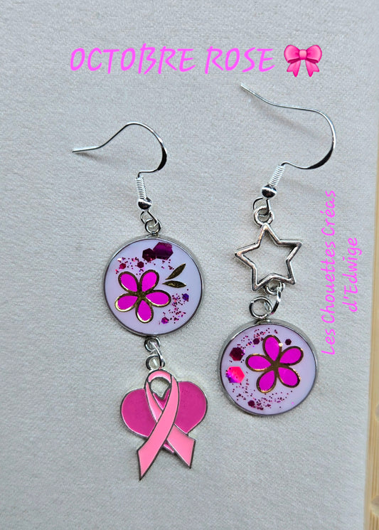 Boucles d'oreilles Octobre Rose avec coeur et ruban