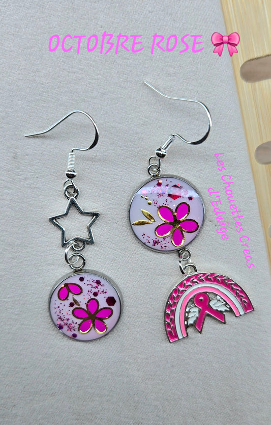 Boucles d'oreilles Octobre Rose avec arc en ciel
