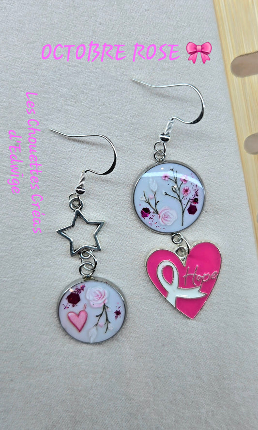 Boucles d'oreilles Octobre Rose avec Coeur Hope