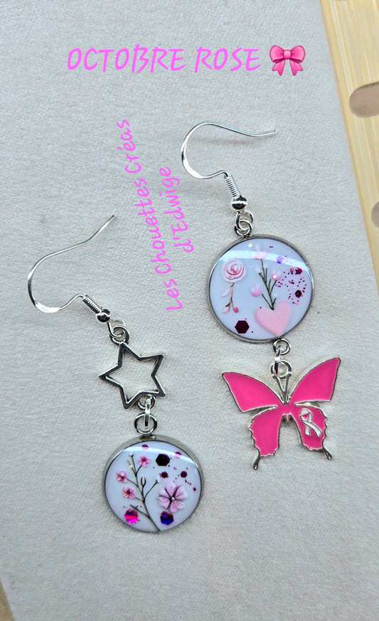 Boucles d'oreilles Octobre Rose avec papillon