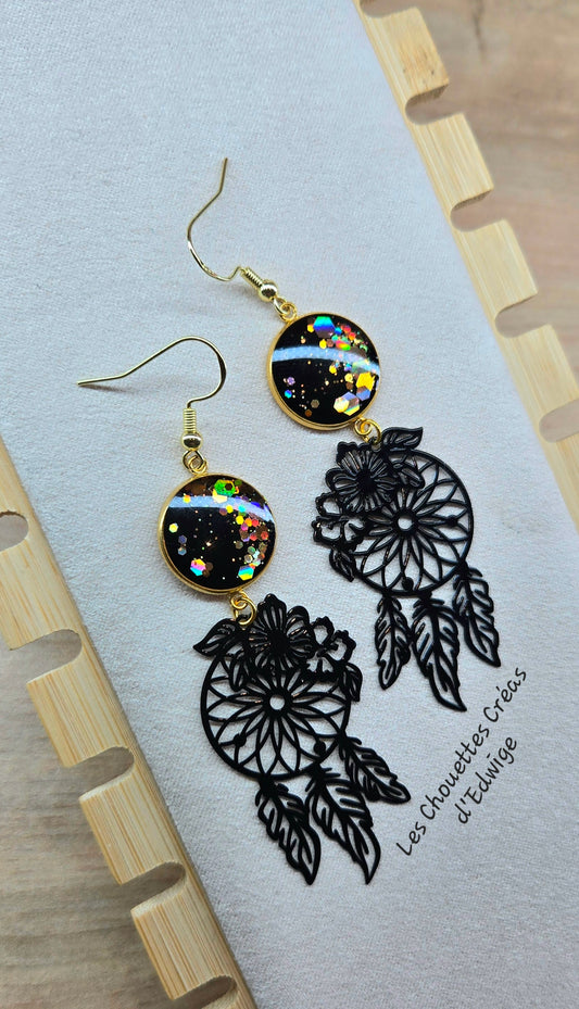 Boucles d'oreilles attrape-rêves noires