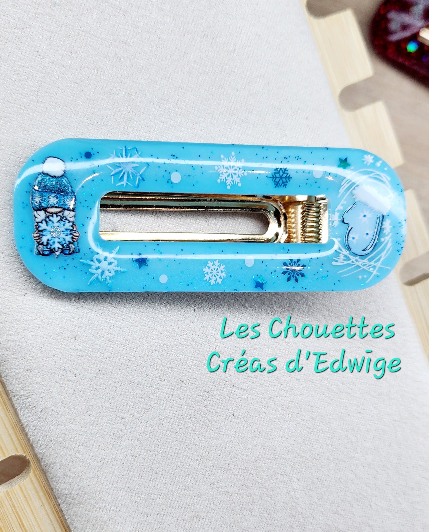 Barrette bleue gnome de Noël