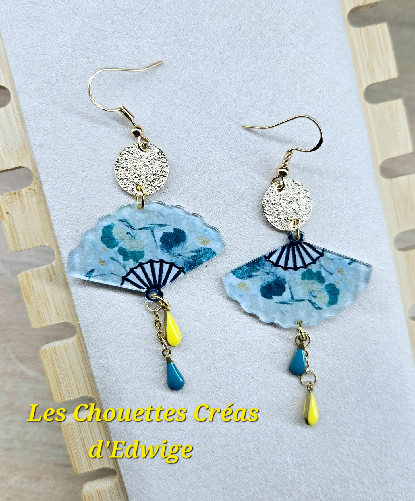 Boucles d'oreilles éventails bleu-jaune