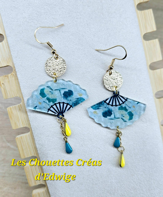 Boucles d'oreilles éventails bleu-jaune