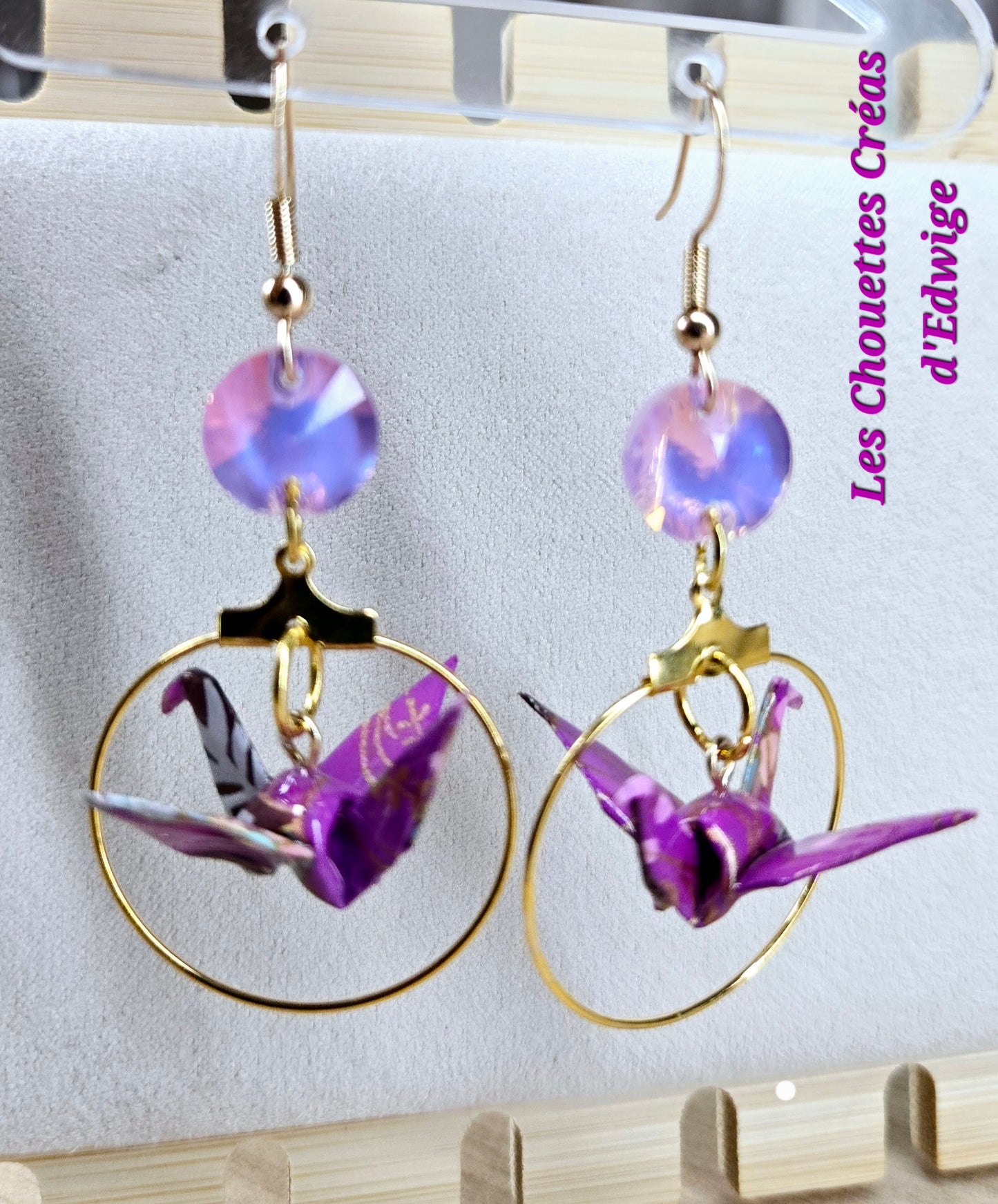 Boucles d'oreilles grues en origami violettes