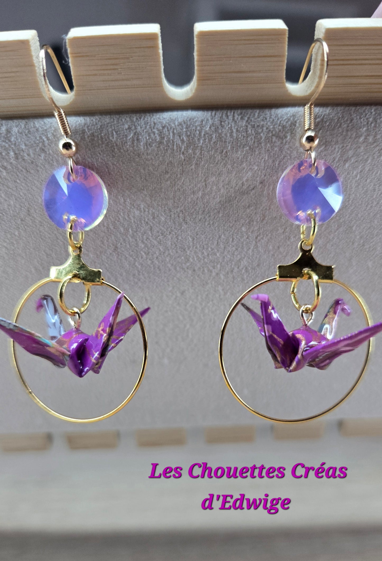 Boucles d'oreilles grues en origami violettes