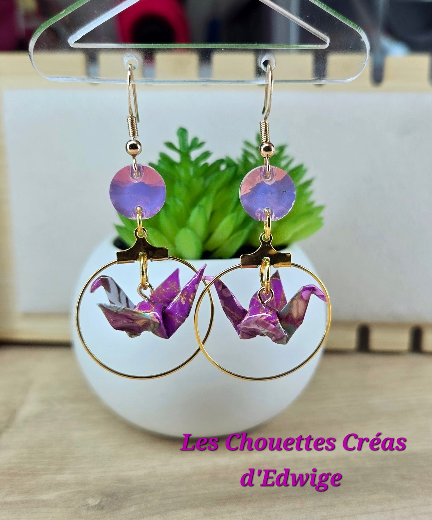 Boucles d'oreilles grues en origami violettes