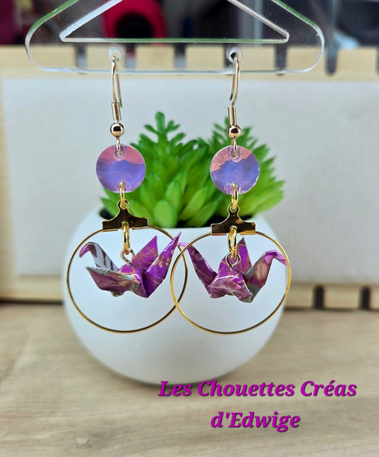 Boucles d'oreilles grues en origami violettes