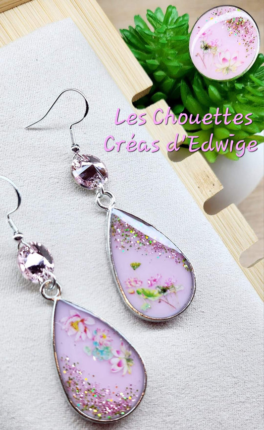 Boucles d'oreilles + Bague réglable roses "douceur"