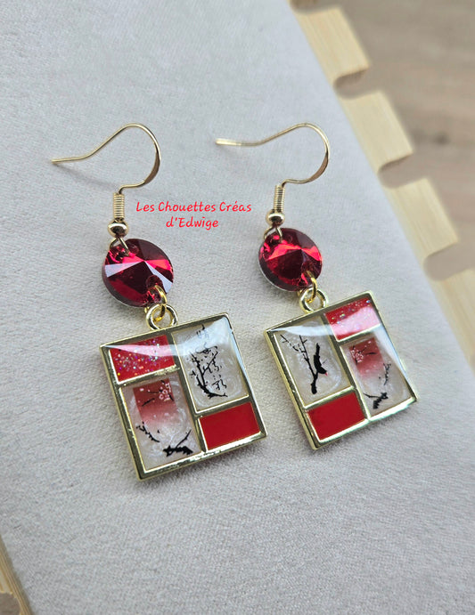 Boucles d'oreilles carrées rouges et blanches