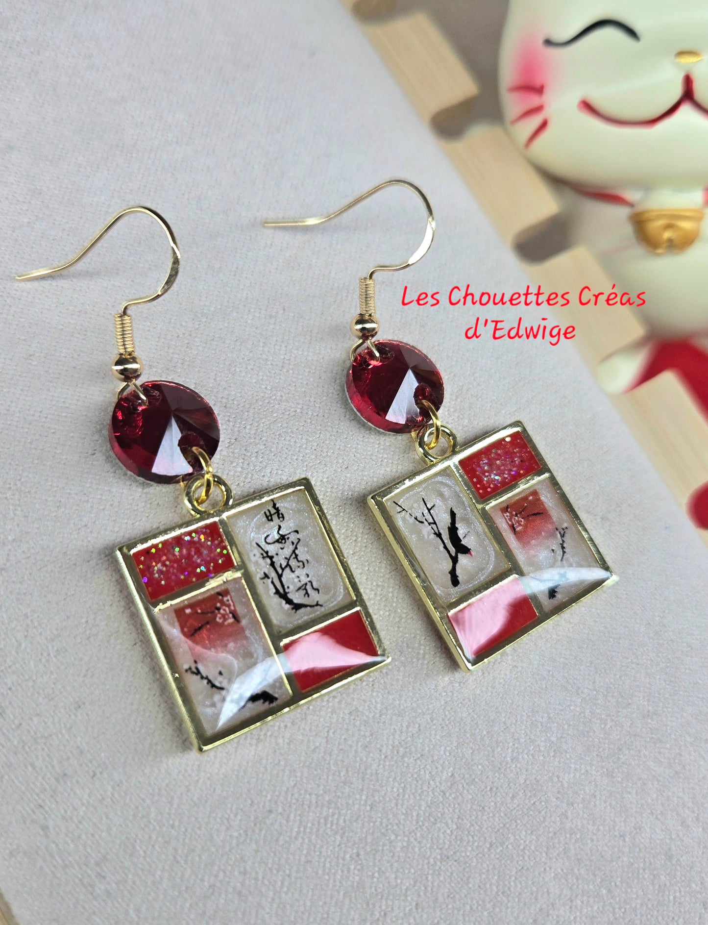 Boucles d'oreilles carrées rouges et blanches