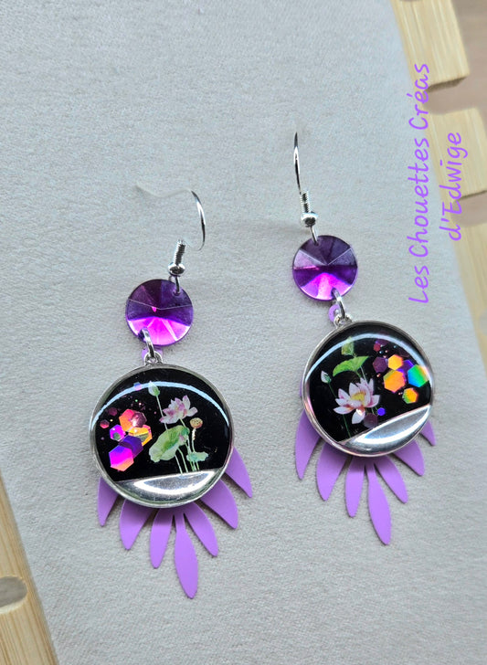 Boucles d'oreilles noires et mauves